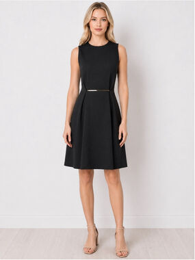 Zara Basic Black Sleeveless Dress Gold Metal Belt Minimalist Career Chic Size S